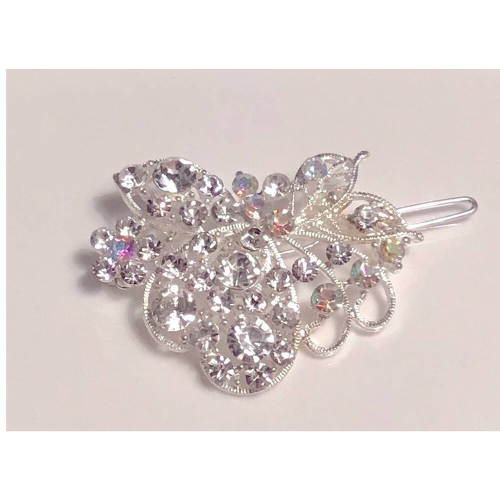 VTG Silver RHINESTONE HAIR BARRETTE Tige Boule Aurora Borealis Bridal 2.75”